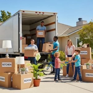 Family preparing for a residential move with boxes and a moving truck