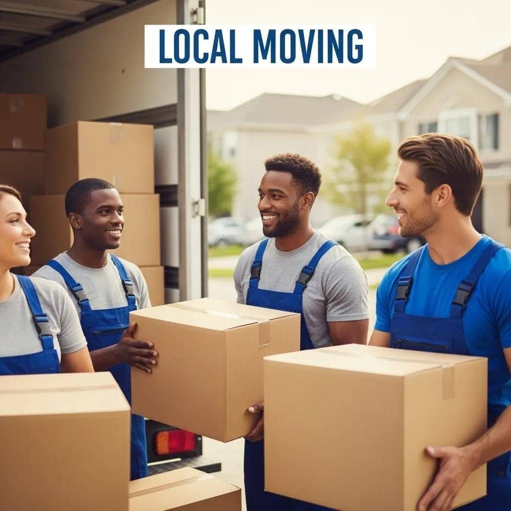 Friendly moving team packing boxes into a truck in a suburban neighborhood, representing affordable moving solutions
