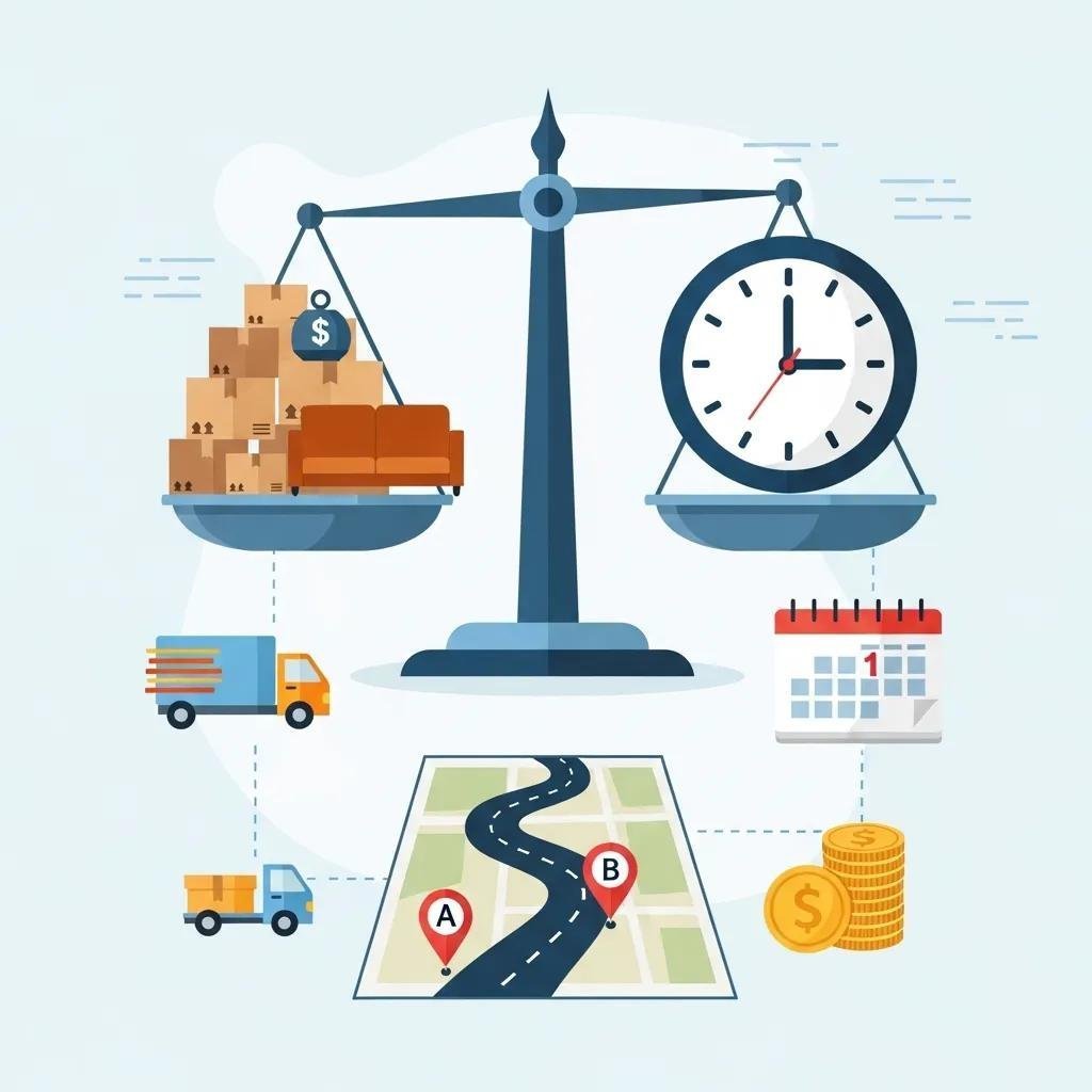 Illustration of scales balancing moving costs with boxes, a couch, a clock, trucks, a map with locations A and B, a calendar, and coins, representing factors affecting residential moving expenses.