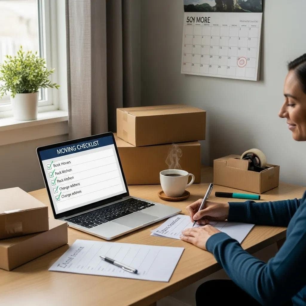 Person planning a move at a desk with a laptop displaying a moving checklist, surrounded by moving supplies and a cup of coffee.