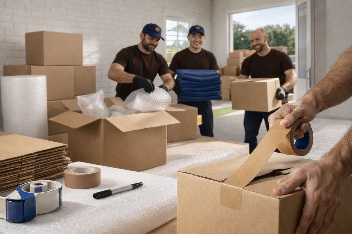 Moving team packing boxes with bubble wrap and tape in a bright room, emphasizing efficient relocation preparation.