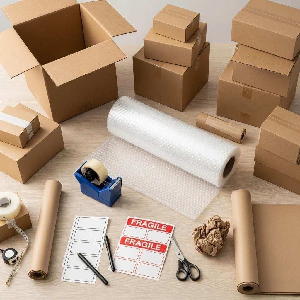 Packing supplies including cardboard boxes, bubble wrap, packing tape, and labels marked "FRAGILE" on a wooden surface.