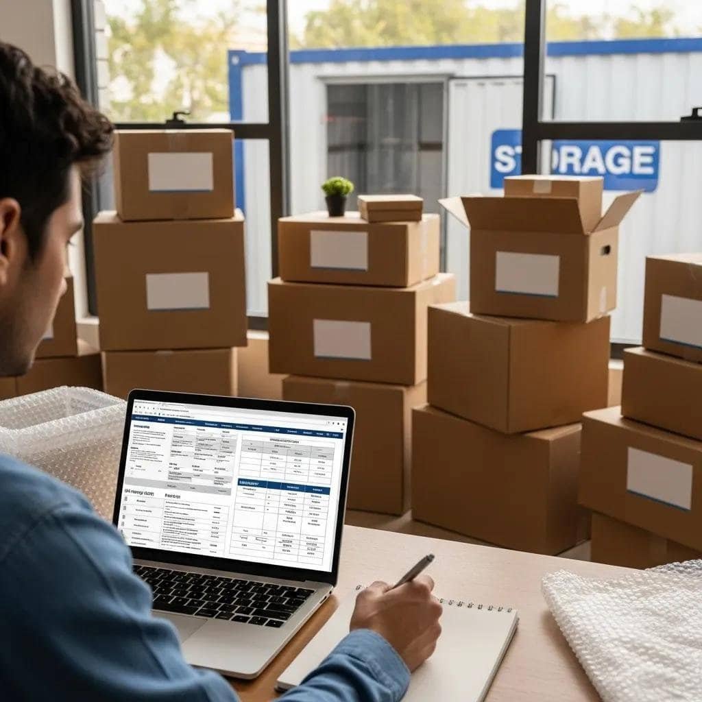 Person reviewing moving costs on laptop with cardboard boxes and portable storage unit in background.
