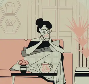 Woman enjoying tea in a cozy living room, surrounded by plants and decorative elements, reflecting a relaxed atmosphere ideal for students transitioning to campus life.