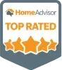 HomeAdvisor Top Rated badge featuring five stars, symbolizing high customer satisfaction and quality service at Smart Penny Moving.