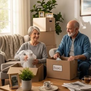 Senior couple packing for a move, showcasing the emotional support and care in senior relocation