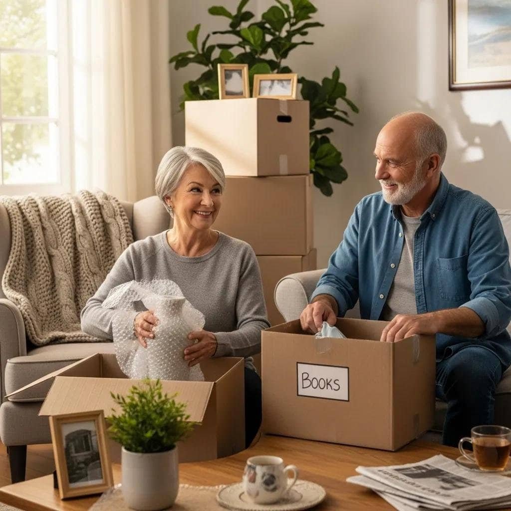 Senior couple packing for a move, showcasing the emotional support and care in senior relocation