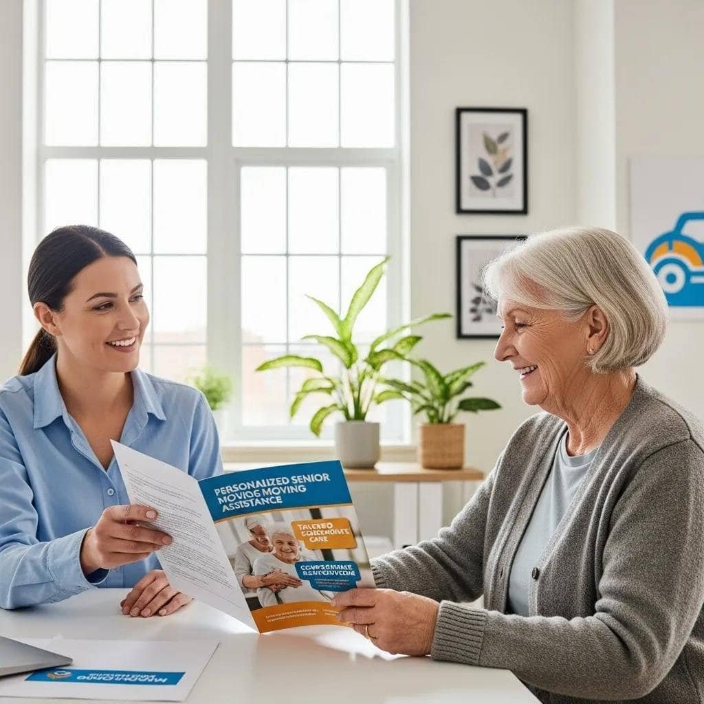 Senior woman discussing personalized senior moving assistance with representative, highlighting tailored care and support options.