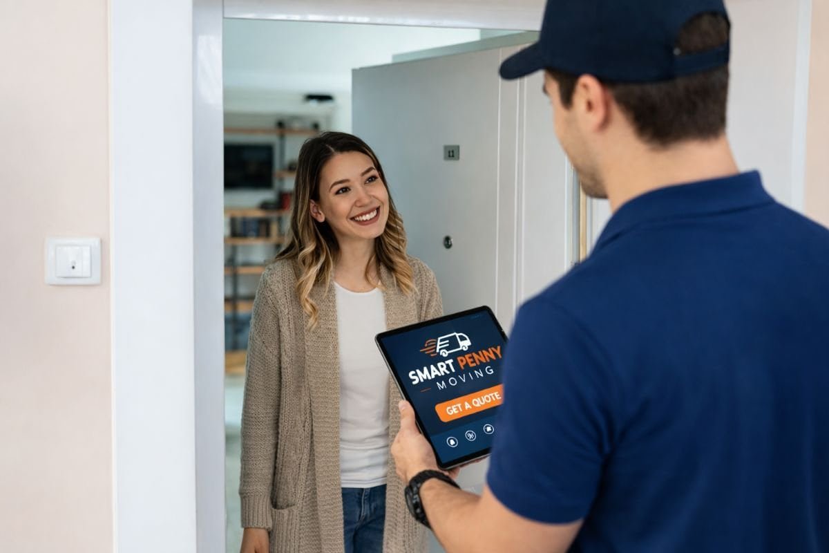 Woman smiling at a Smart Penny Moving representative holding a tablet displaying moving service quote options at her doorstep.