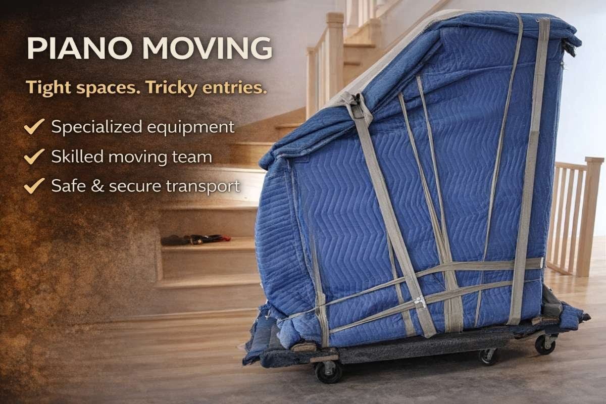 Piano being moved with specialized equipment, showcasing safe and secure transport in a residential setting, emphasizing skilled moving team and tight space navigation.