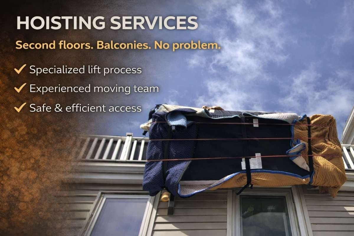 Hoisting services for moving, showcasing specialized lift process, experienced team, and safe access to second floors and balconies.