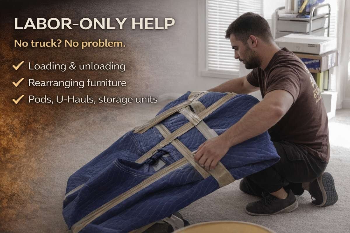 Labor-only moving assistance, man handling padded furniture, loading and unloading services, rearranging furniture, Smart Penny Moving branding.