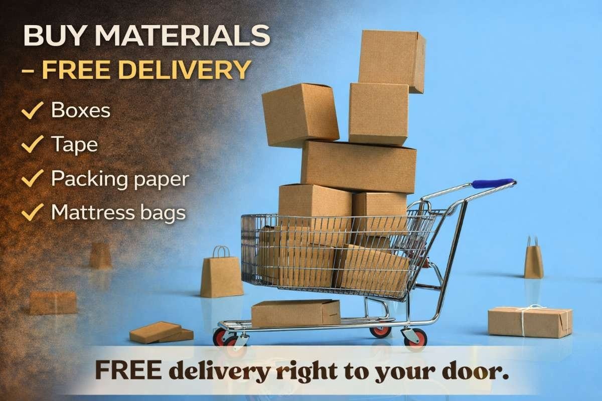 Buy moving materials including boxes, tape, packing paper, and mattress bags with free delivery, illustrated by a shopping cart filled with cardboard boxes.