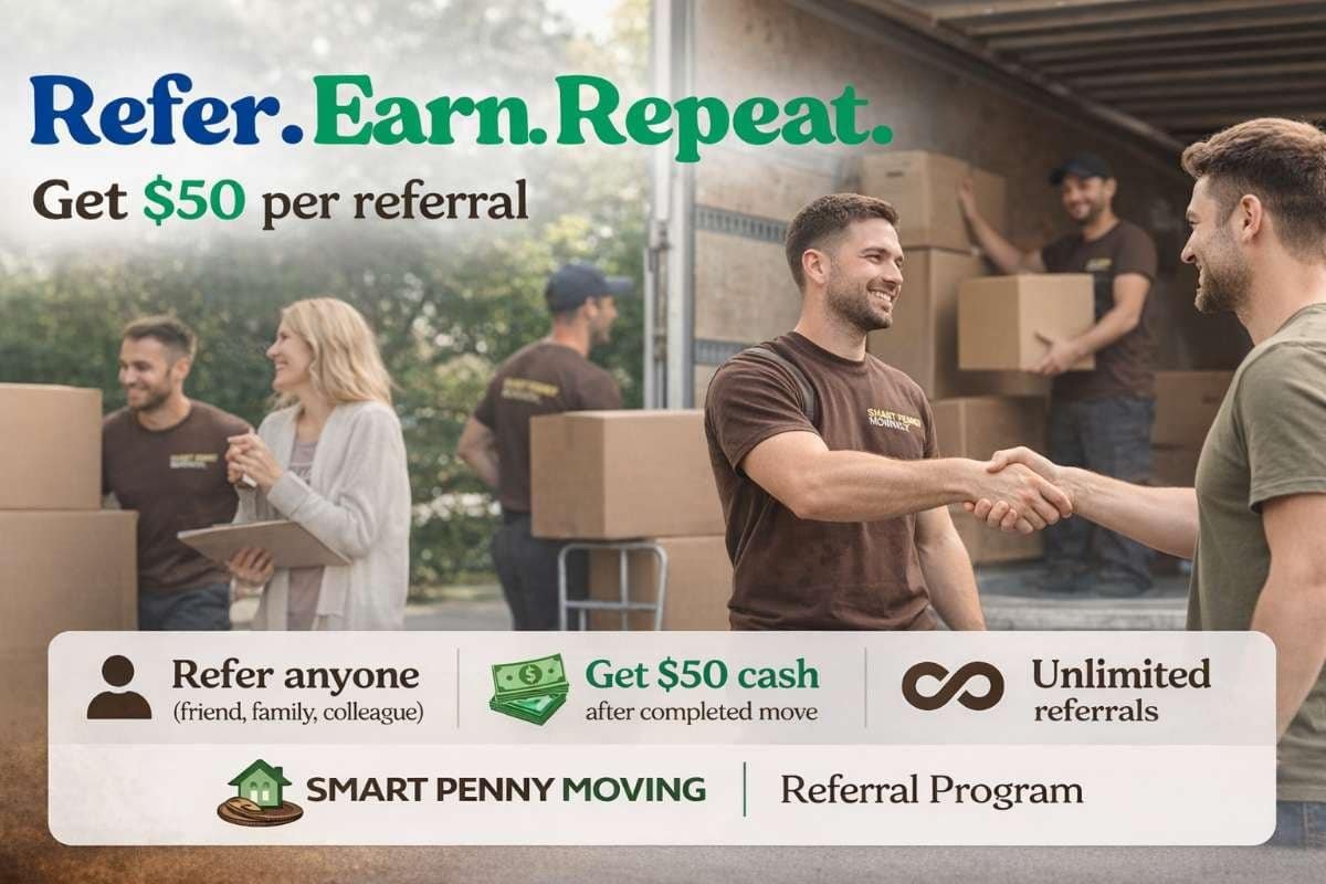 Referral program promotion for Smart Penny Moving featuring two men shaking hands, surrounded by moving boxes and a woman holding a clipboard, emphasizing earning $50 per referral.
