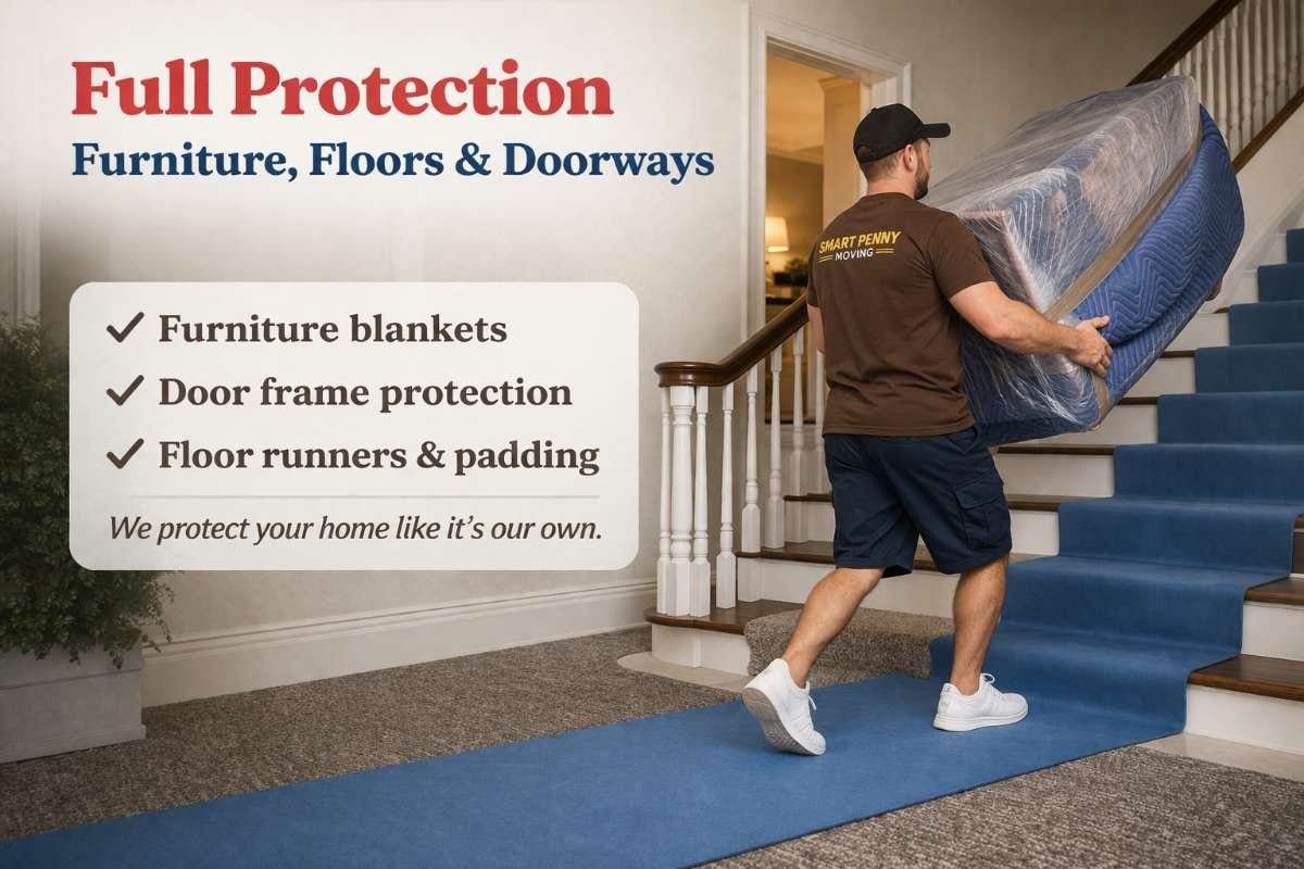 Full protection moving services with a worker carrying a wrapped mattress up carpeted stairs, featuring Smart Penny Moving branding and highlighting furniture blankets, door frame protection, and floor runners.