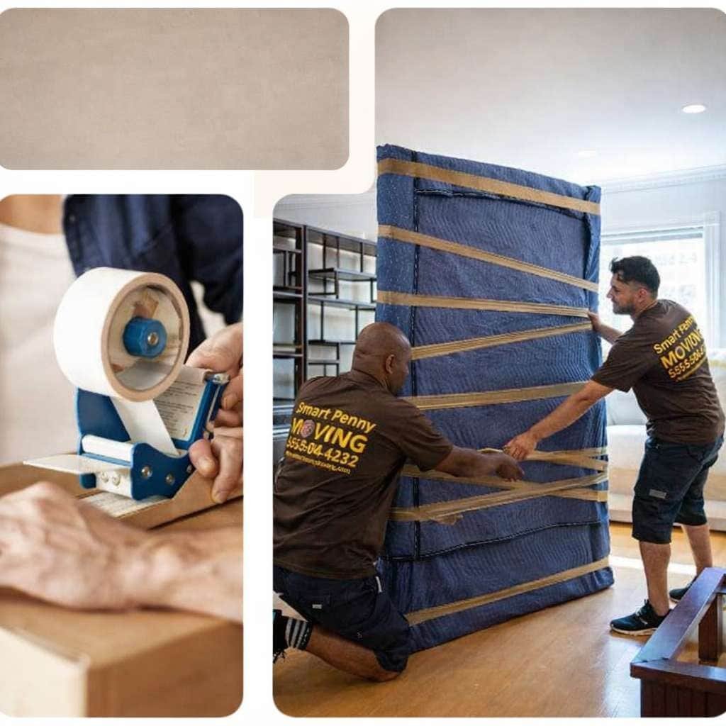 Movers from Smart Penny Moving packing a large item in protective wrapping, demonstrating professional moving services for college students.