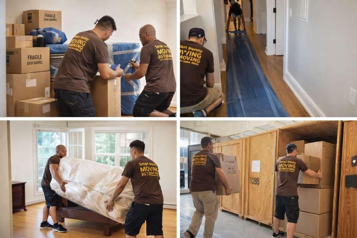 Moving professionals from Smart Penny Moving handling boxes and furniture in a residential setting, showcasing efficient packing and transportation services.