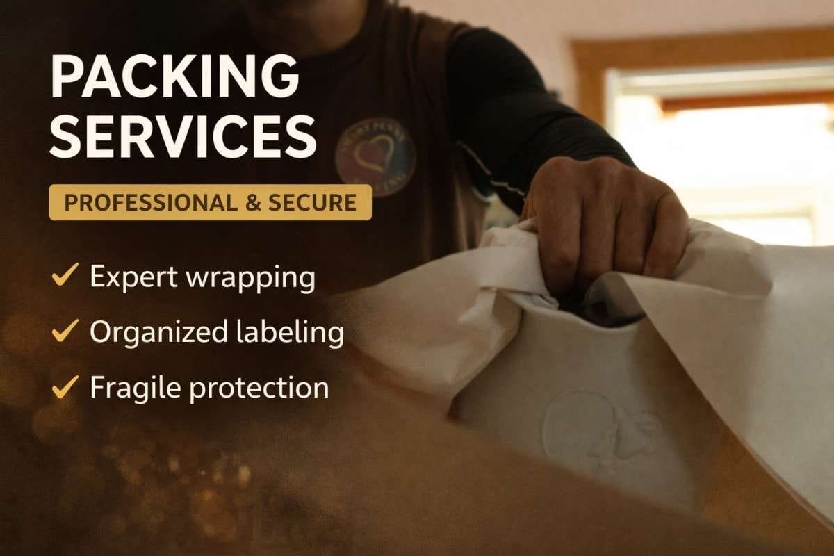 Packing services with a professional moving expert demonstrating expert wrapping and organized labeling for fragile items, highlighting secure moving solutions.
