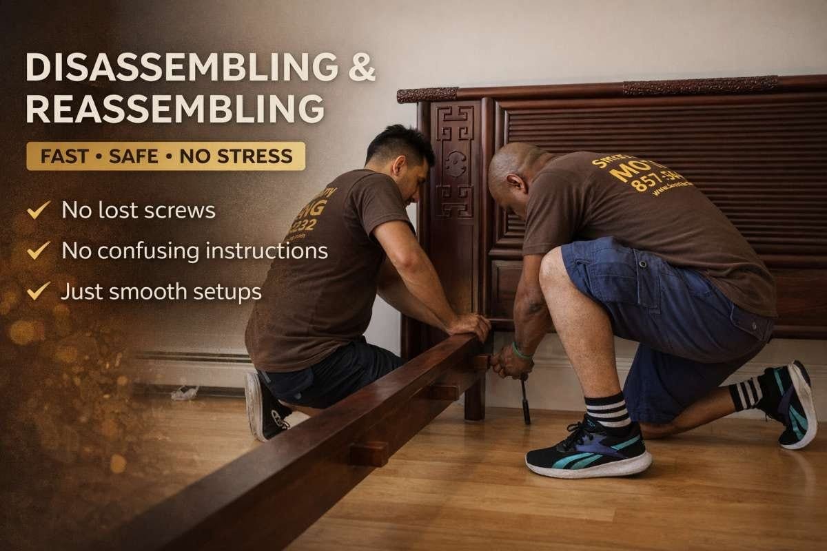 Two movers disassembling furniture in a well-lit room, emphasizing fast, safe, and stress-free service, with visible text highlighting no lost screws, no confusing instructions, and smooth setups, reflecting Smart Penny Moving's commitment to efficient moving solutions.