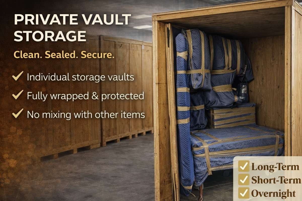 Private vault storage showcasing individual storage units with fully wrapped and protected items, emphasizing clean, sealed, and secure storage solutions for long-term, short-term, and overnight needs.