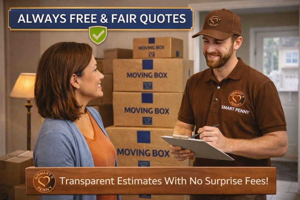 Woman smiling at a Smart Penny Moving representative in a brown uniform, discussing moving services, with stacked moving boxes in the background and promotional text about free quotes and transparent estimates.