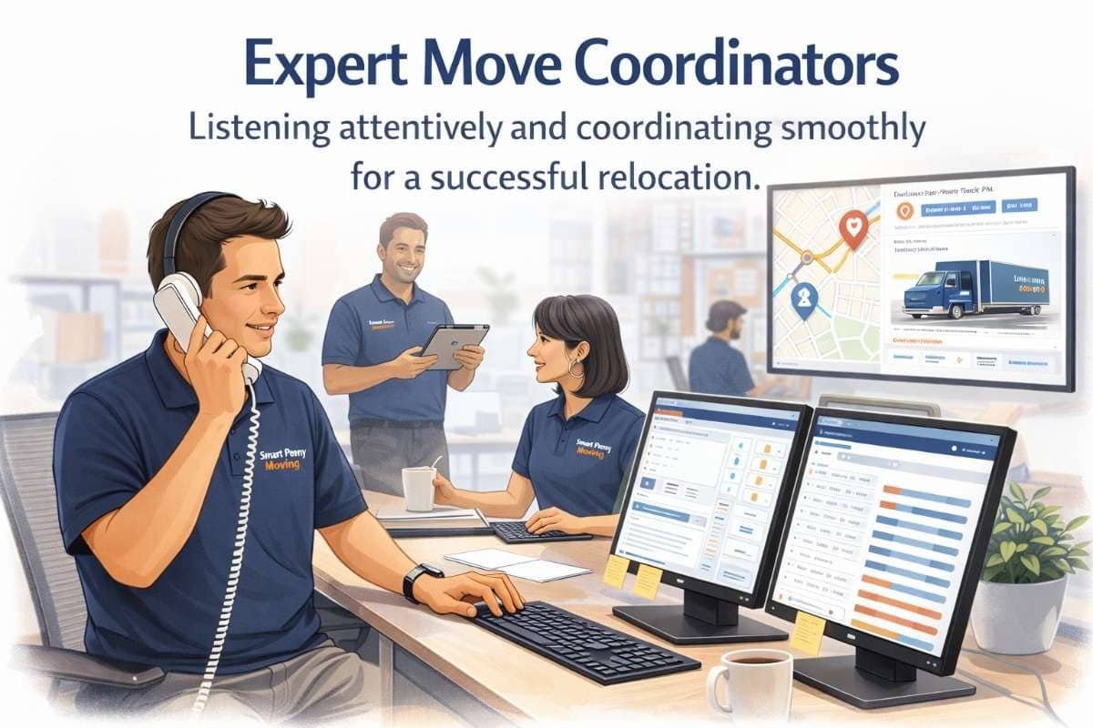 Expert move coordinators from Smart Penny Moving engaging in seamless communication and coordination, utilizing technology for efficient relocation planning.