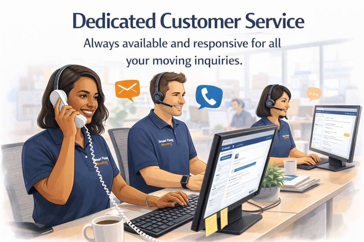 Dedicated customer service team at Smart Penny Moving, assisting clients with inquiries via phone and online, showcasing responsive communication and support.