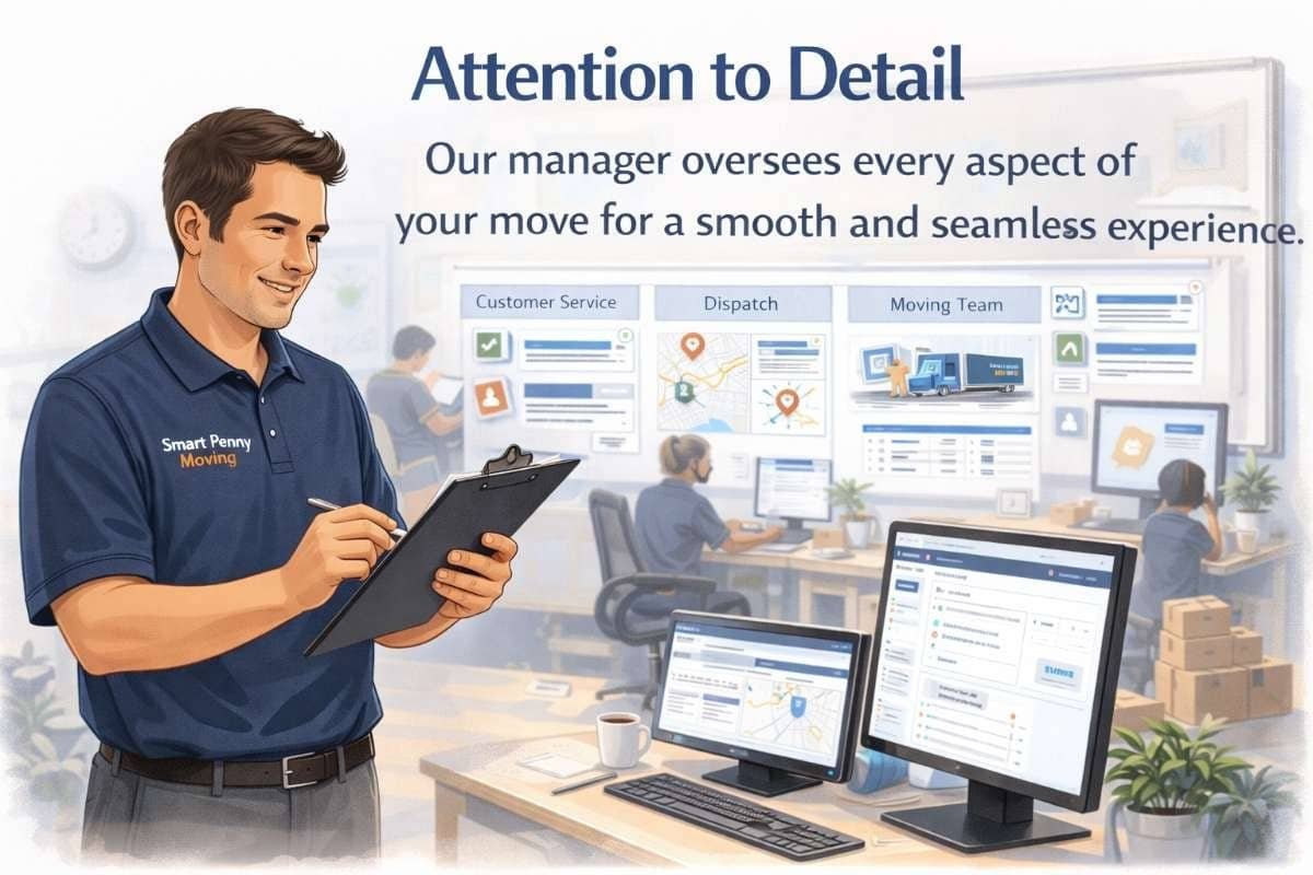 Manager from Smart Penny Moving overseeing move coordination with clipboard, computers displaying customer service and dispatch information in a well-organized office setting.