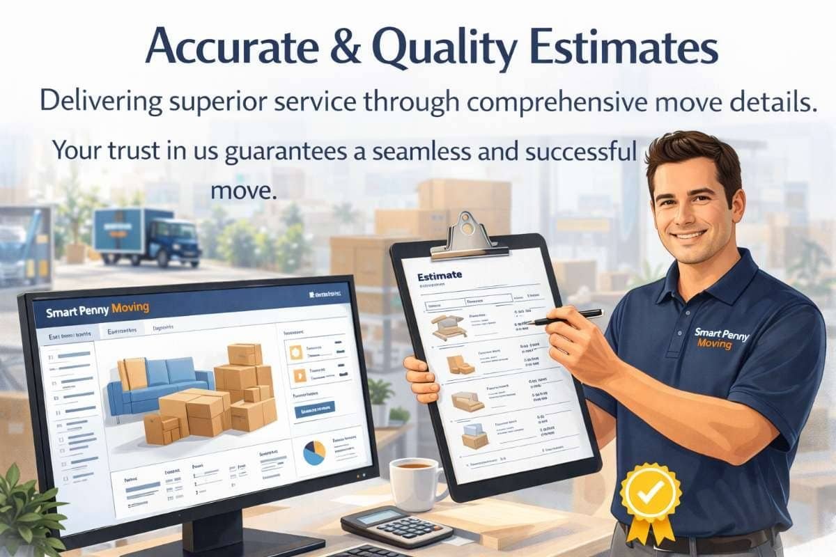 Smart Penny Moving employee presenting an estimate on a tablet, with a computer displaying moving details, emphasizing accurate and quality estimates for a seamless moving experience.