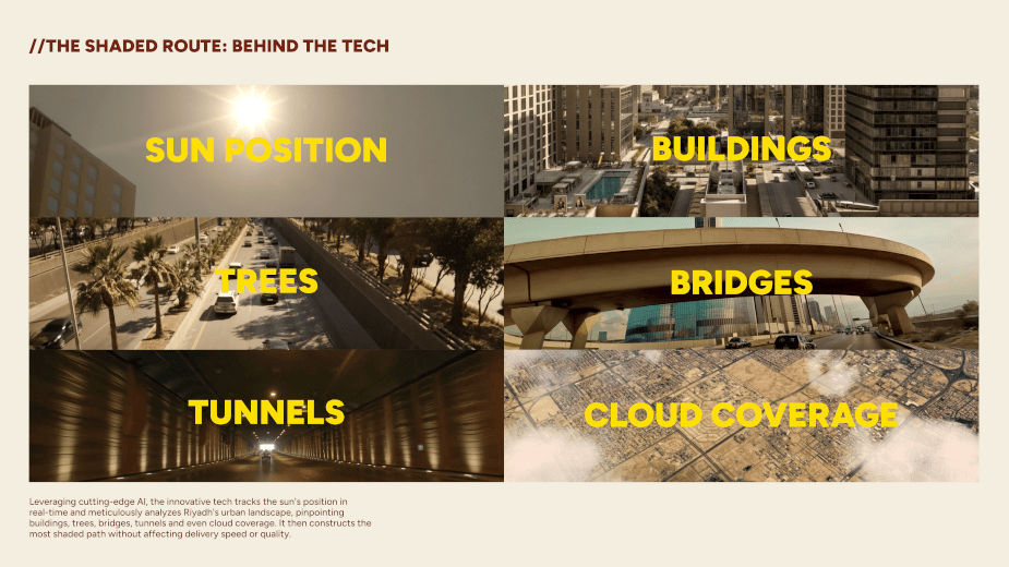 The delivery app rolled out a Shaded Route system to protect its riders from the desert heat by prioritizing shaded delivery paths. – (Credits: VML Campaign KSA)