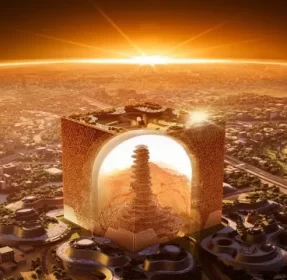 Mukaab construction site with iconic tower and cityscape at sunset, highlighting Saudi Arabia's inno.