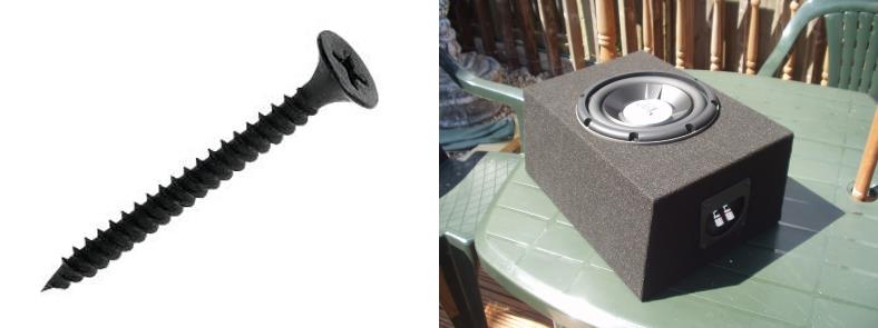 Image of subwoofer installed in box and drywall screw
