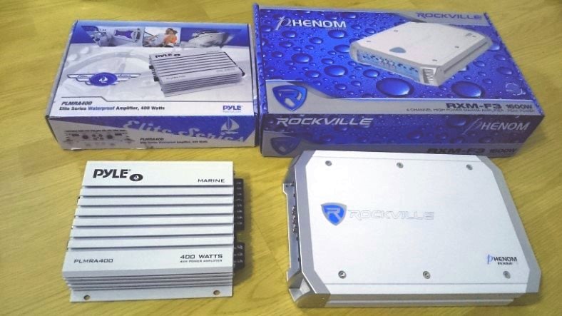Image showing example of 2 marine audio amplifiers Pyle PLMRA400 & Rockville RXM-F3