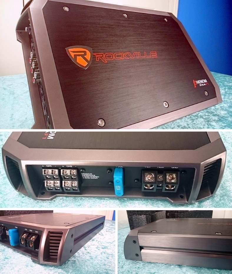 Image showing close up aspects of the Rockville RXA-F1 4 channel amplifier from different angles