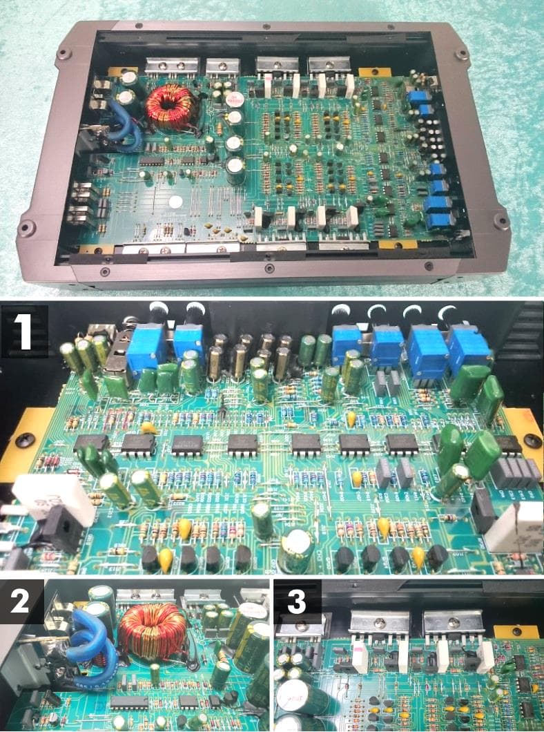 Closeup internal view of the RXA-F1 Rockville 4 channel car amplifier guts and circuit board