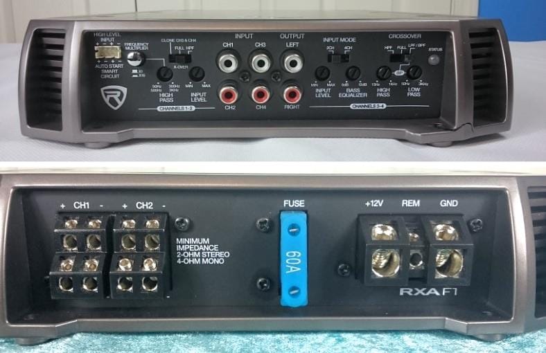 Image showing close ups of the front and rear ends of Rockville RXA-F1 amplifier
