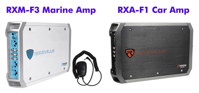 Image showing a side by side comparison of the Rockville RXM-F3 marine amp vs RXA-F1 car amp