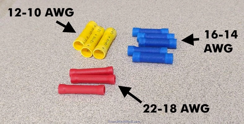 Wire crimp connector examples with wire gauges labeled