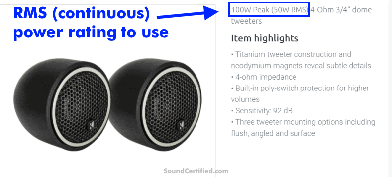example image of typical car tweeter RMS power rating