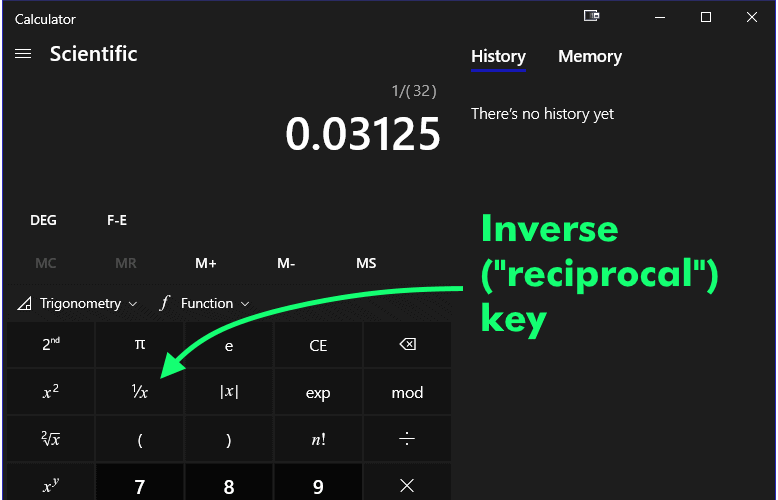 example of the inverse (reciprocal) key on a calculator