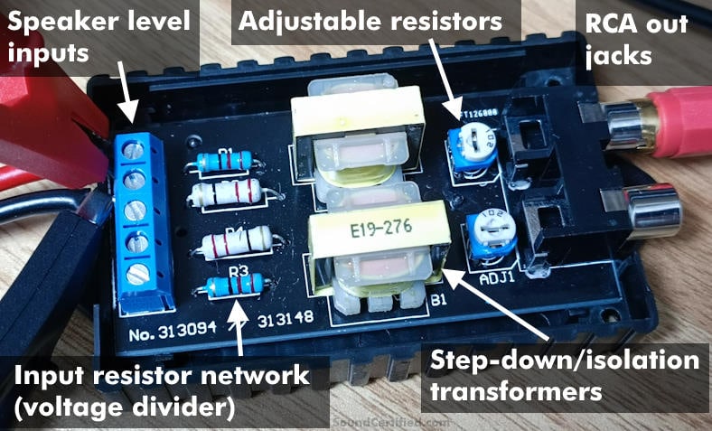 line out converter internal parts labeled