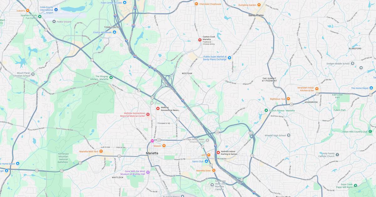 Map of Marietta, Georgia showing roads, highways, and key locations.