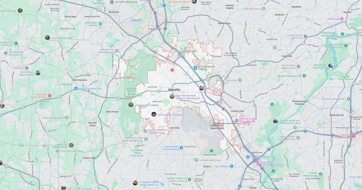 Map of downtown Atlanta showing streets and landmarks.