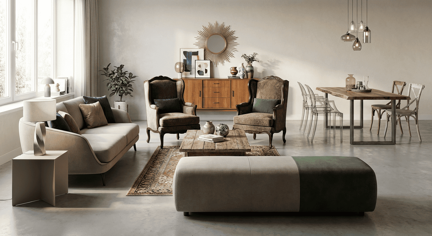 Living room with vintage furniture, large windows, and cozy decor elements.