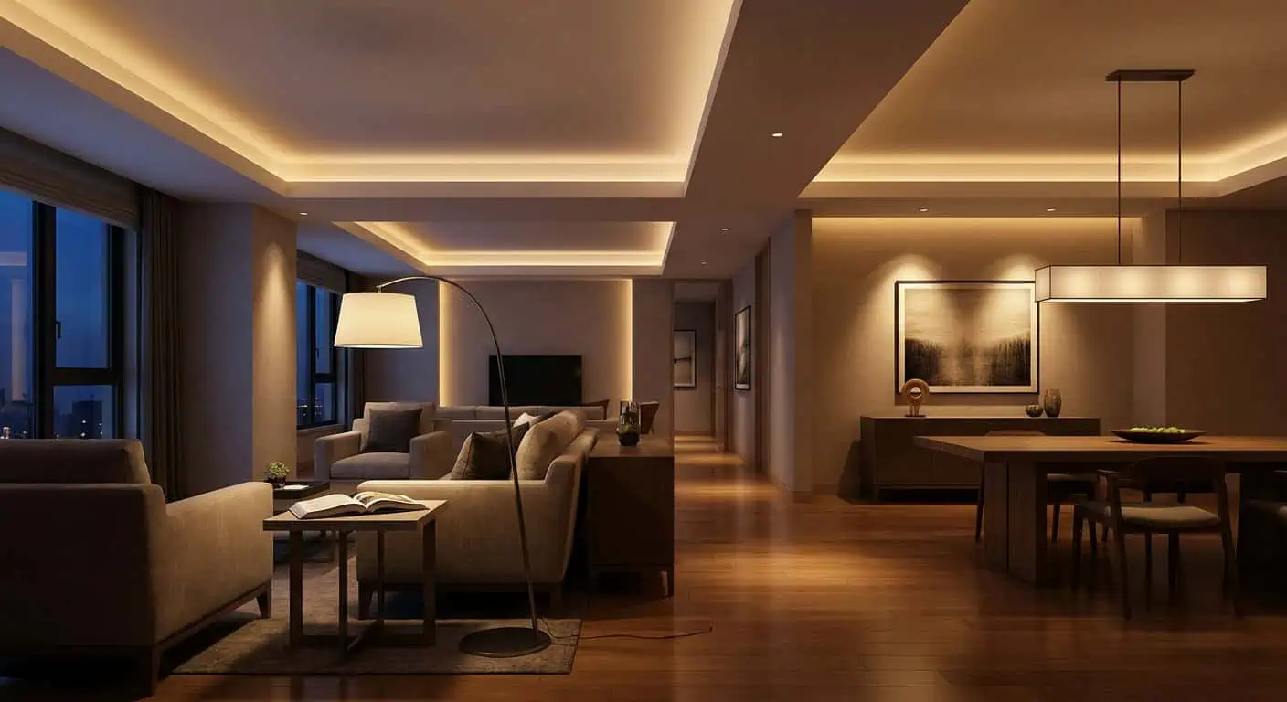 Elegant living room with cozy seating, warm lighting, and contemporary design.