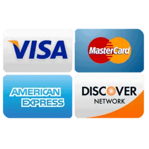 Payment method logos including Visa, MasterCard, American Express, and Discover.