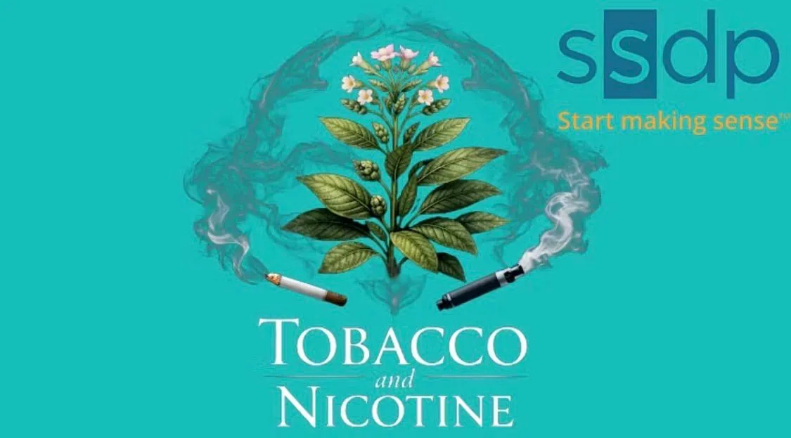 Illustration of a plant with cigarette smoke, promoting tobacco and nicotine awareness.