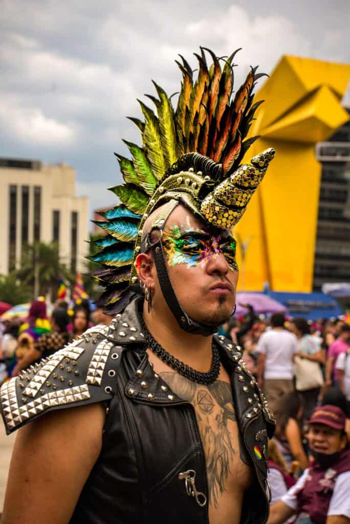People enjoying Pride celebrations in Zona Rosa, Mexico City's LGBTQ+ district.