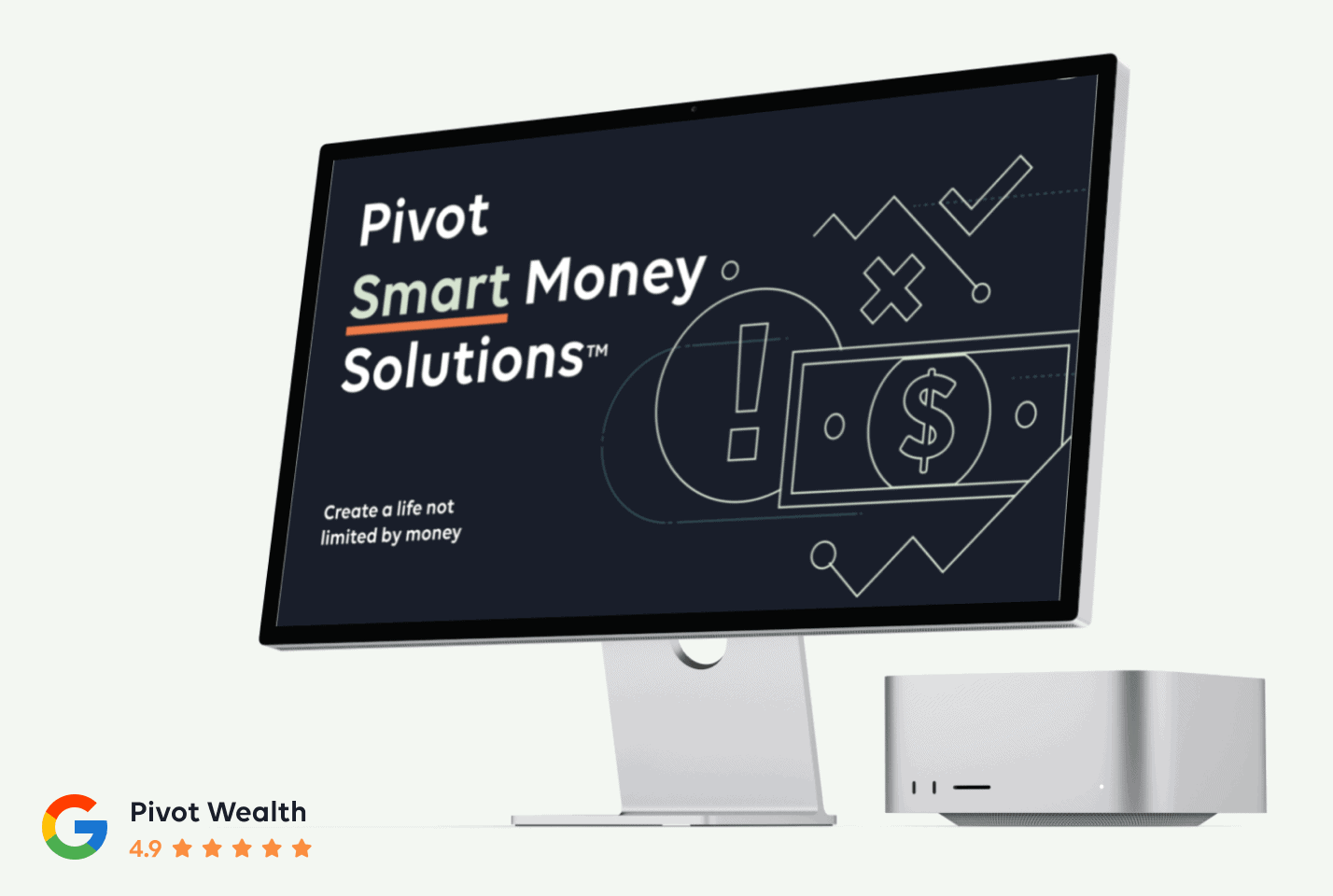 iMac desktop displaying Pivot Wealth financial dashboard on screen