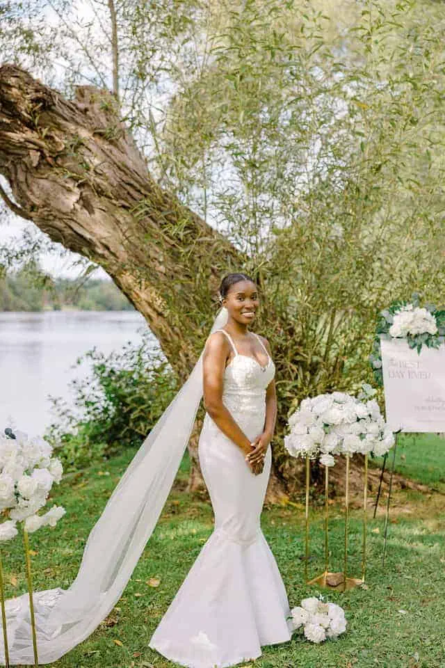 Handmade wedding dress and veil detail at Riverside Park elopement